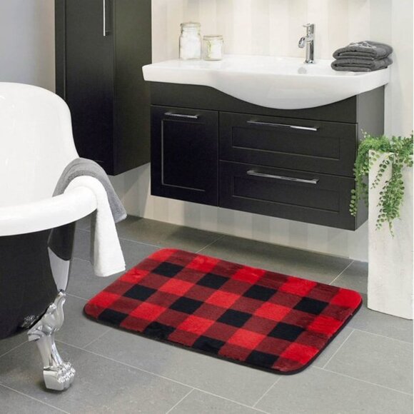 Dearfoams Faux Fur Printed Buffalo Check/Plaid Bath/Accent Mat/Rug Red/Black - Picture 1 of 8